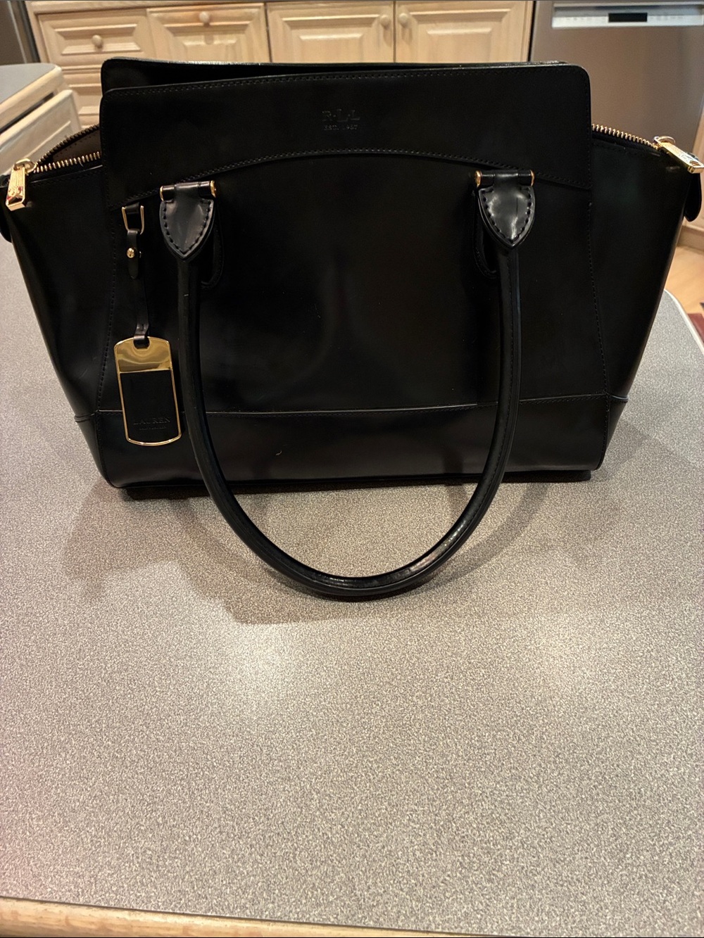 Ralph Lauren Black Leather Tote with Gold Accents